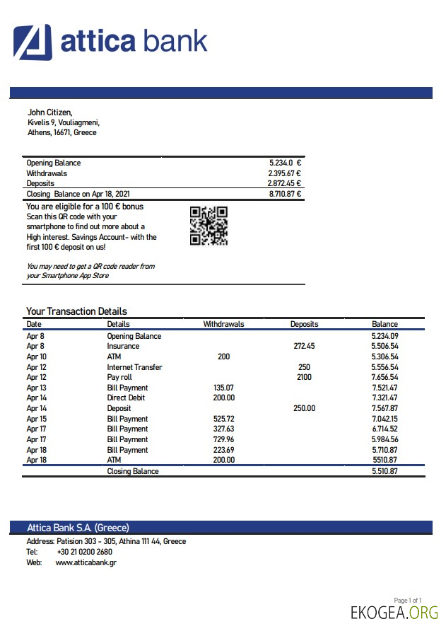 Relevé bancaire de l'Attique en Grèce